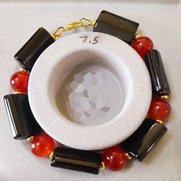 Black Red & Gold! Chunky Black Agate Bracelet 8" ~ Balance Grounding Strength - Picture 4 of 7